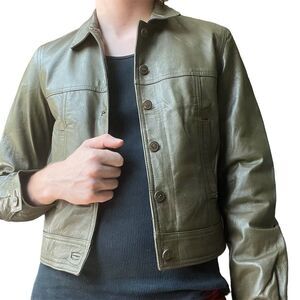Vintage Newport News Women's Green Leather Jacket Size 16 Long Sleeve